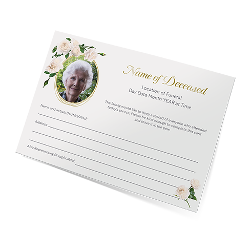 The first image in a slide show, showing an attendance card for a funeral with a white rose design