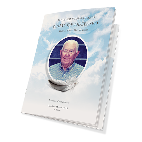 The third image in a slide show, showing a beautiful Feather Frame designed Order of Service