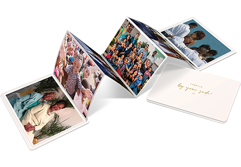 A concertina-folded keepsake showing photos of loved ones