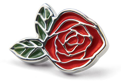 A coloured pin in the shape of a red rose